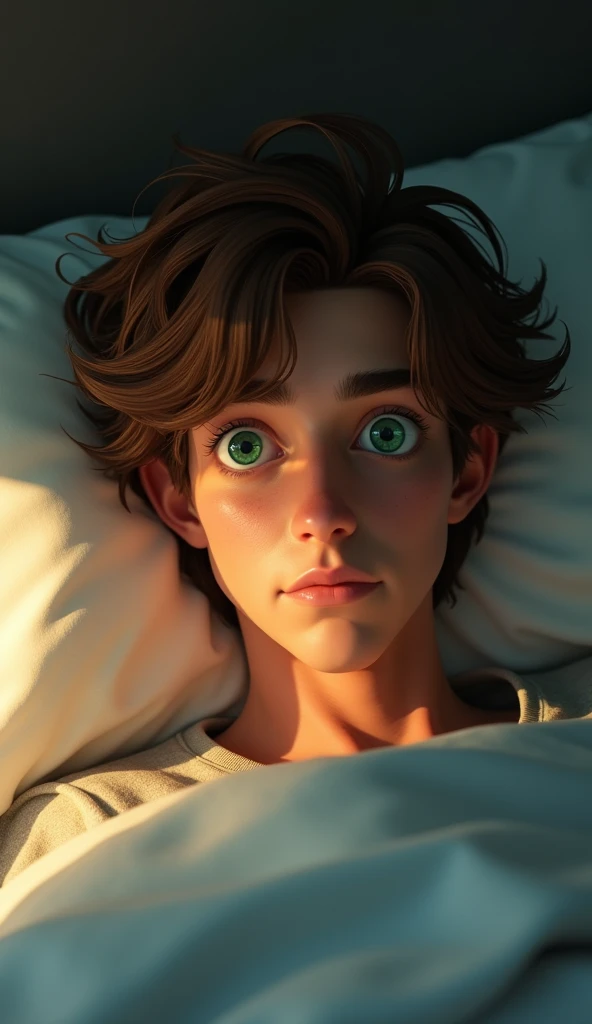 A sick handsome guy with brown hair and green eyes at his room, pixar style, cinematic, masterpiece, high-aesthetic, realistic