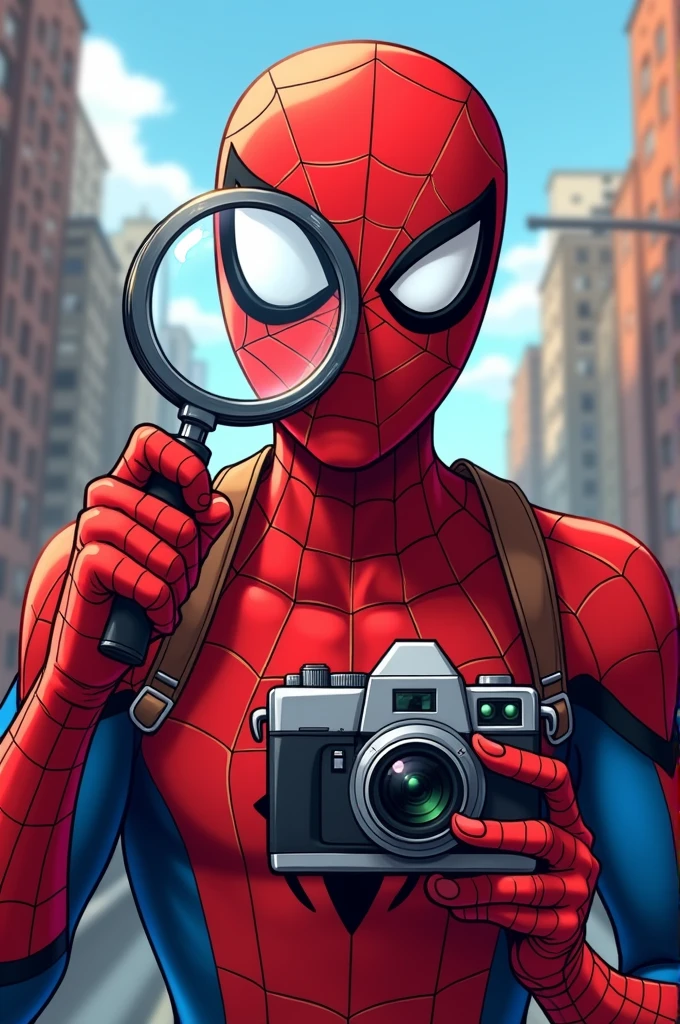 Spider man with magnifying glass looking camera funny