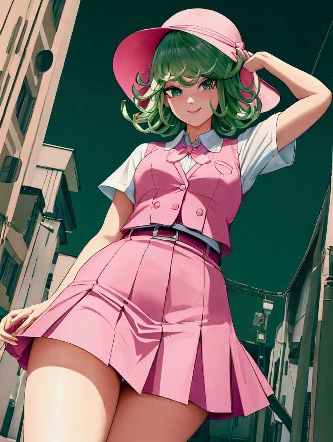 (high res, 8K, masterpiece, looking at viewer, best quality, very aesthetic, ultra detailed, ultra background, ultra Eyes) intricate details, 1girl, Tatsumaki, , short sleeved white shirt, pink vest, Pink short skirt, Pink bucket Hat, Pink tie ribbon, Wearing a belt, green short hair, green eyes, Smile Face, Background School Playground, Cinematic Angle