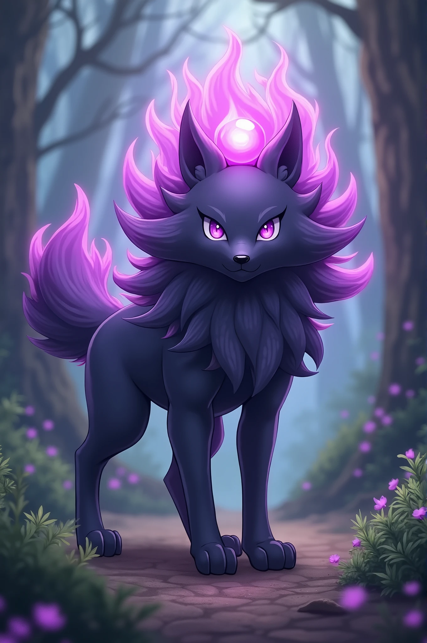 Draw a dark-furred wolf Pokémon with big, purple eyes, with a thick mane on the neck and a large, flaming mane with purple flames and a bright purple pearl on its forehead, and a silvery coat on the chest and abdomen, With an imposing stance on two feet 