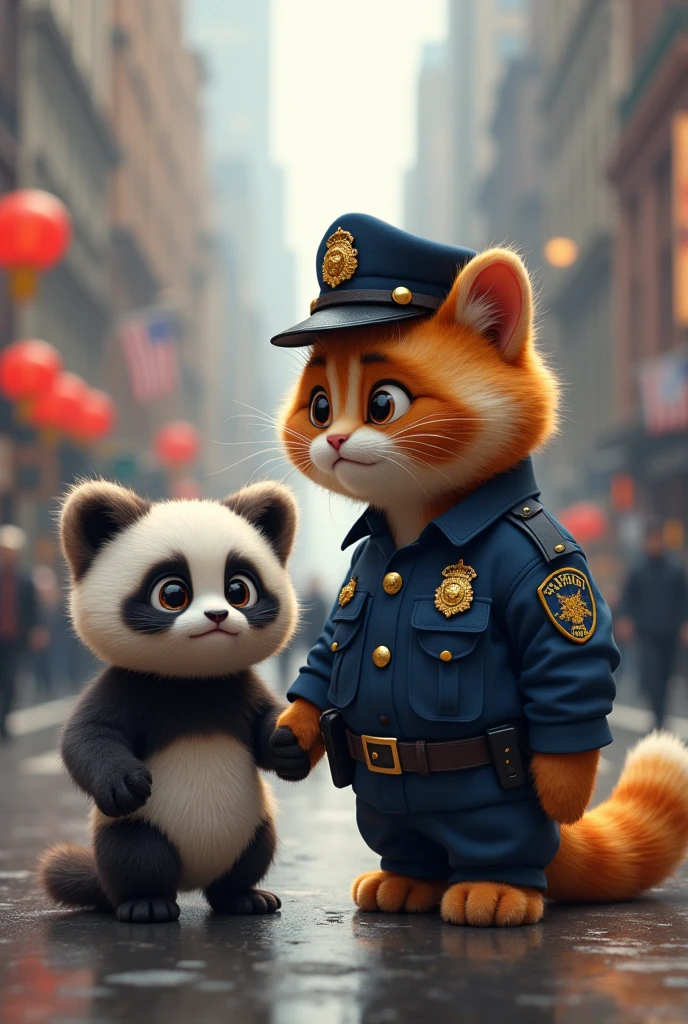 Suddenly the police cat saw the little panda crying and asked