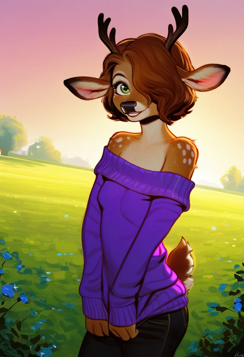 Solo, 1girl, female, adult, lotte, deer girl, furry female, body fur, animal nose, snout, animal ears, green eyes, brown hair, short hair, freckles, cute face, perfect anatomy, detailed skin, detailed eyes, perfect hands, perfect face, small breast, hair over one eye, BREAK sweater, long sleeves, off-shoulder shirt, pants, BREAK outdoors, park, colorful, sunset, looking at viewer, dutch angle, BREAK ((ultra-detailed)), ((best quality)), ((best quality)), ((beautiful eyes)), ((extremely detailed)), 4K, (8K), best quality, (beautiful), Master piece, highres, score_9, score_8_up, score_7_up, colorful, best quality, official art, highres, masterpiece, nai3, god light, detailed background, high quality background, very aesthetic, absurdres,