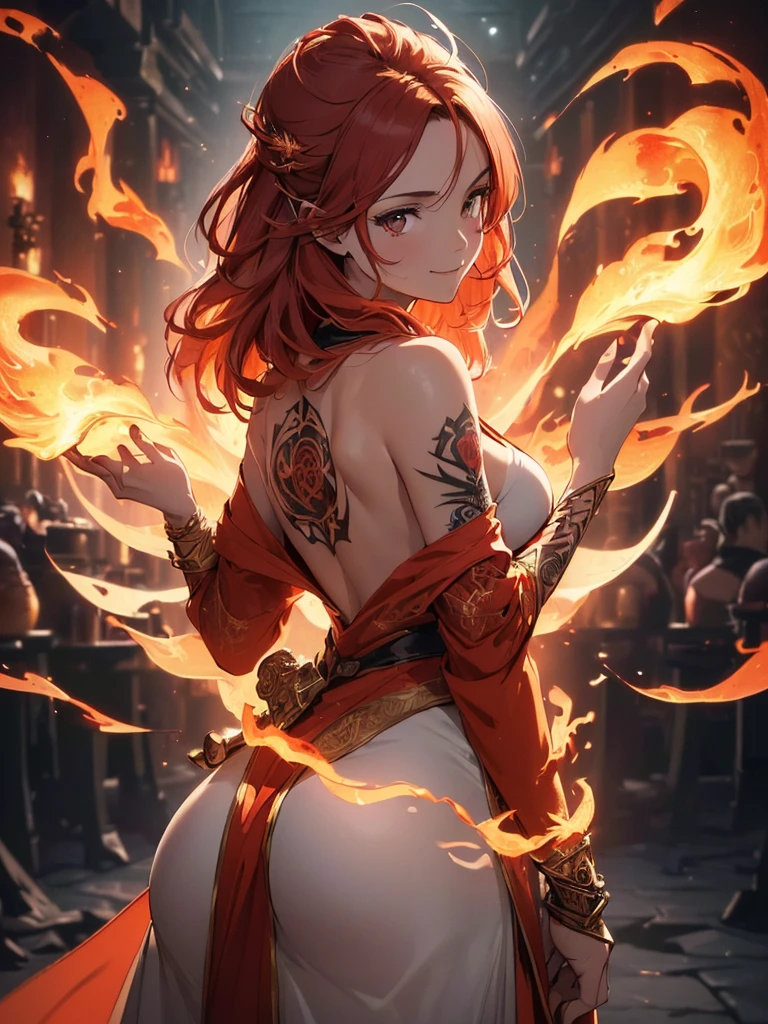 (((best quality, sharp image, clear image, cinematic lighting, 8k resolution, masterpiece, ultra detailed, intricate))) Girl, (((looking over left shoulder))), (shot from behind), fire mage, ((intricate background)), ((chaotic background)), red hair, smiling, ((flame runes, flame sigils)), (tatoo on back), slim figure, flying sigils