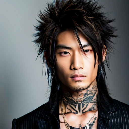 1 man, Japanese man, male, Asian eyes, muscular, broad shoulders, yakuza tattoos, hairstyle Visual Kei style, hair Visual Kei, black men's shirt and black pants, ultra detailed face, hyperrealistic, realistic representation, long hair, long hair, 30 years old, age 30 years, blonde hair, full body view 