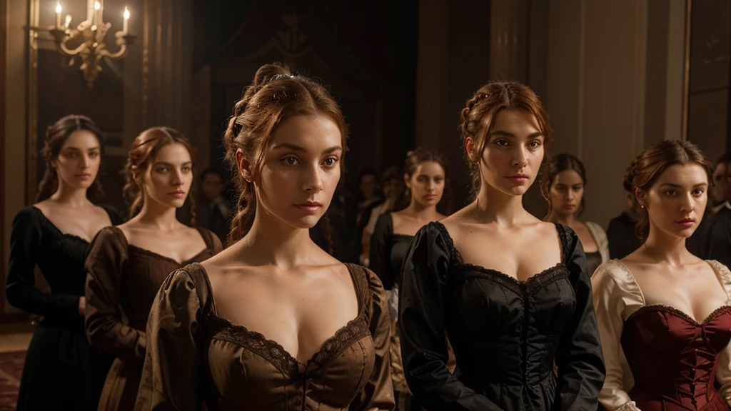 Multiple Ai on: (a group of women), (seven women), 7WOMEN, STANDING TOGHETER, velotopuous body, aristocratic woman of victorian era, Europe in the 18th century, reddish brown hair, Exquisite high bun braid hairstyle, Delicate and meticulous, 8K, Reality, Dramatic Lighting, high quality, Exquisite eyes and faces details, Perfect eyes, matching eyes, at night in the castle dracula