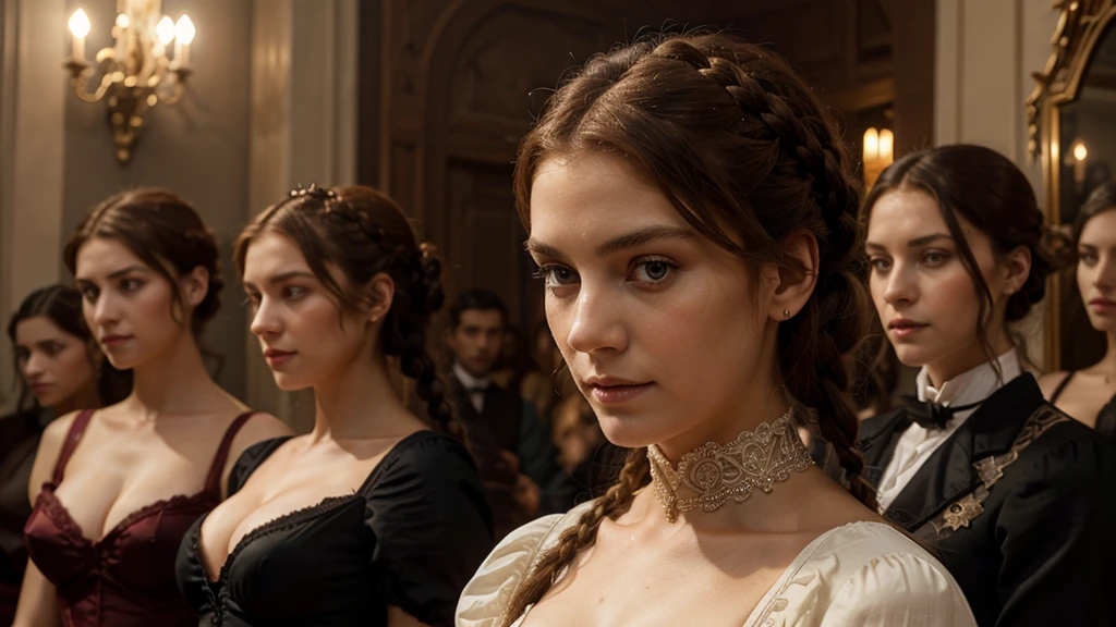 Multiple Ai on: (a group of women), (seven women), 7WOMEN, STANDING TOGHETER, velotopuous body, aristocratic woman of victorian era, Europe in the 18th century, reddish brown hair, Exquisite high bun braid hairstyle, Delicate and meticulous, 8K, Reality, Dramatic Lighting, high quality, Exquisite eyes and faces details, Perfect eyes, matching eyes, at night in the castle dracula