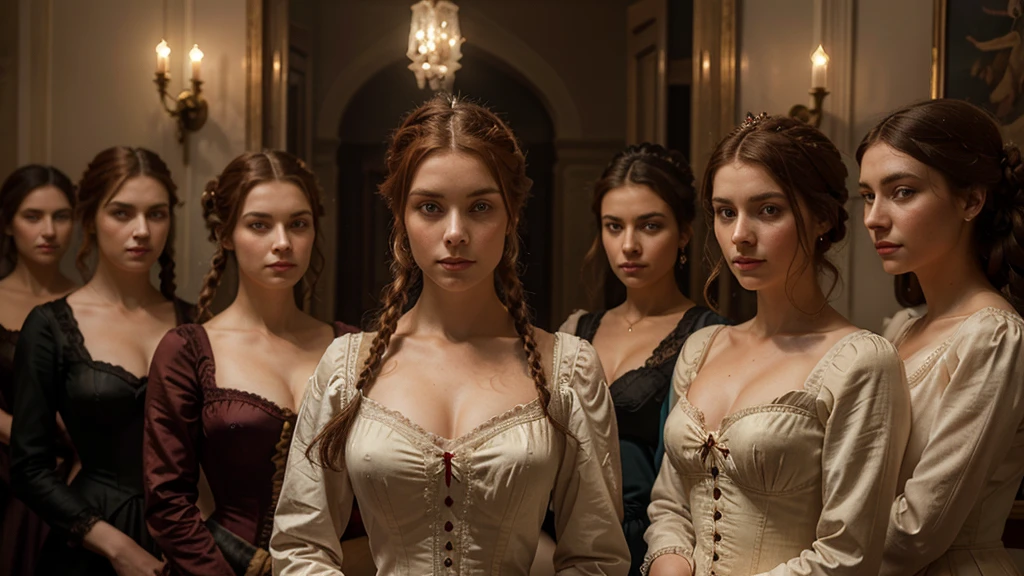 Multiple Ai on: (a group of women), (seven women), 7WOMEN, STANDING TOGHETER, velotopuous body, aristocratic woman of victorian era, Europe in the 18th century, reddish brown hair, Exquisite high bun braid hairstyle, Delicate and meticulous, 8K, Reality, Dramatic Lighting, high quality, Exquisite eyes and faces details, Perfect eyes, matching eyes, at night in the castle dracula