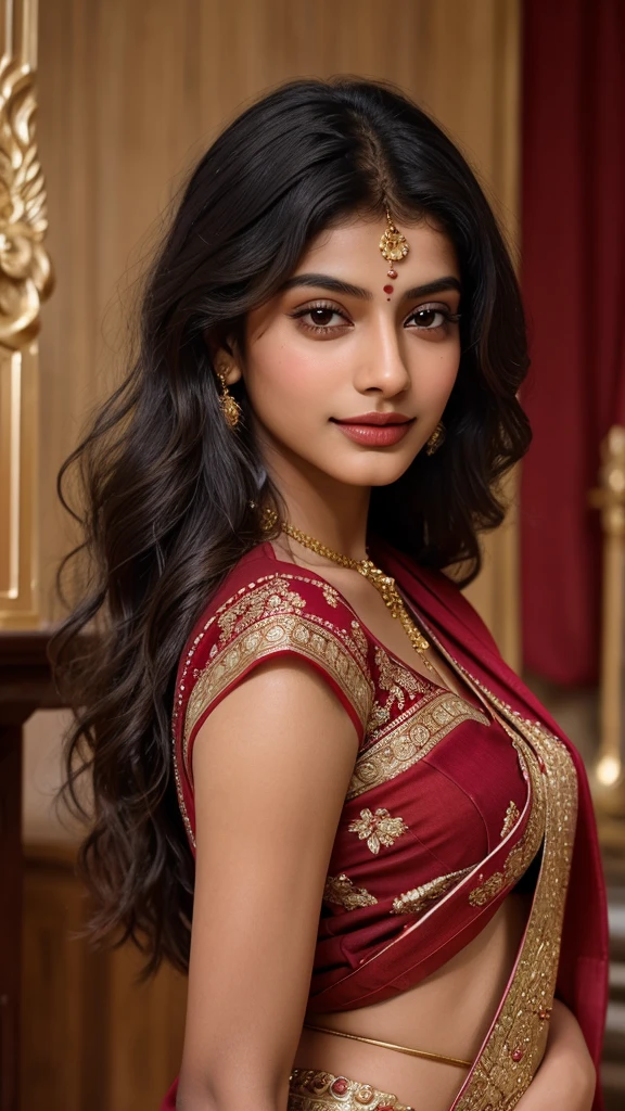 A stunningly beautiful Indian girl with flawless, radiant skin and expressive, almond-shaped brown eyes. She has long, flowing black hair that cascades down her back in soft waves. Her facial features are delicately balanced with high cheekbones, a small, well-defined nose, and full, luscious lips. She is wearing a traditional, vibrant sari in shades of deep red and gold, adorned without wearing any delicate jewelry.Her front facing pose is confident and graceful, with a serene smile that exudes warmth and charisma. The background is softly blurred to focus on her captivating beauty, with hints of traditional Indian decor to add cultural richness.