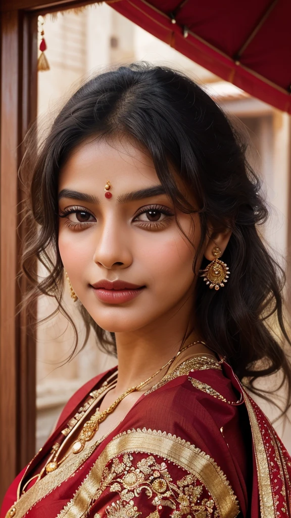 A stunningly beautiful Indian girl with flawless, radiant skin and expressive, almond-shaped brown eyes. She has long, flowing black hair that cascades down her back in soft waves. Her facial features are delicately balanced with high cheekbones, a small, well-defined nose, and full, luscious lips. She is wearing a traditional, vibrant sari in shades of deep red and gold, adorned without wearing any delicate jewelry.Her front facing pose is confident and graceful, with a serene smile that exudes warmth and charisma. The background is softly blurred to focus on her captivating beauty, with hints of traditional Indian decor to add cultural richness.