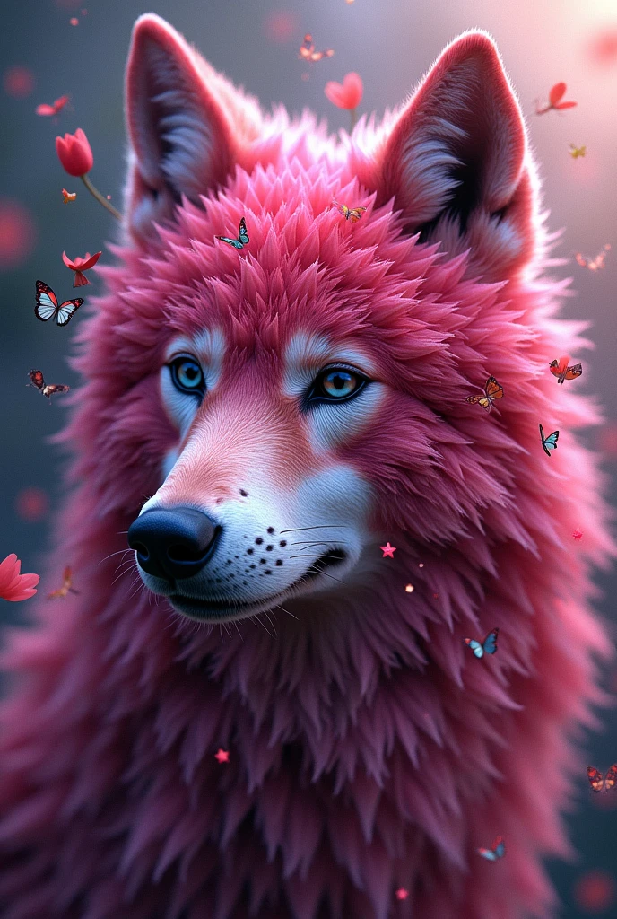An image of a wolf whose face is made up of tulips, the fuchsia color that predominates, have butterflies, stars and the planet Jupiter Let it be an abstract image on the face 