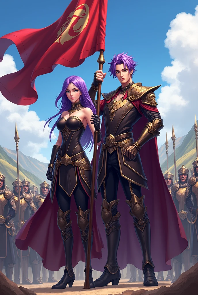 A purple haired man and a purple haired woman leader of a guild, holding the guild flag with the word Plunderes in his hands and behind him his army of warriors 