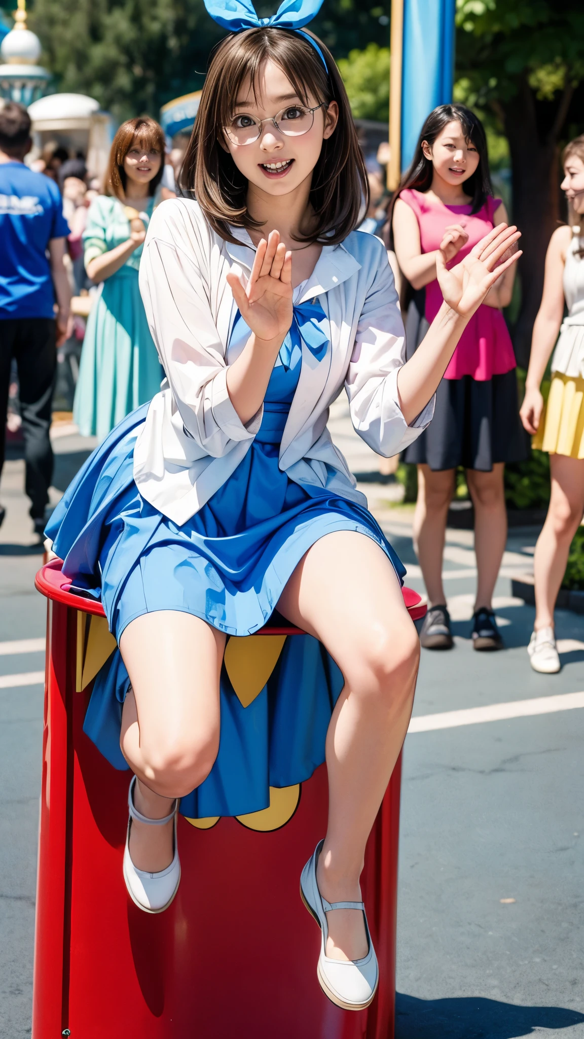 13 year old nerd girl、(Having a blast dressed up as Alice in Wonderland)、Droopy eyes:1.4、Big round eyes、Joy、Active pose、((Raise your arms and jump))、Very thin thighs、Very long legs、Filmed at Disneyland