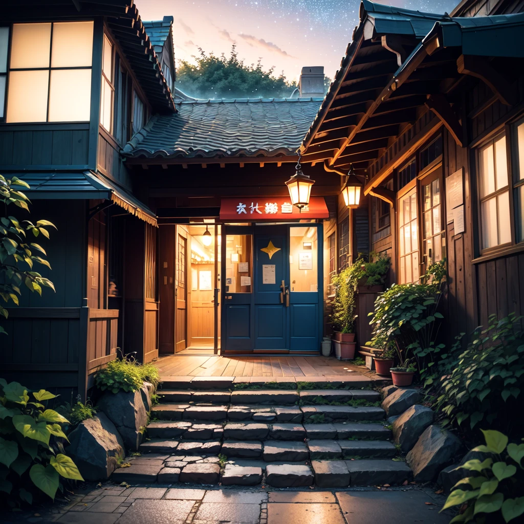 A picturesque street scene in a (quiet:1.3) Japanese town at (dusk:1.2), with a (vibrant:1.4) sky filled with (twinkling stars:1.3) and a (gradient sunset:1.2). On the left side, there's an (old:1.1) building with a (blue awning:1.2) and (illuminated:1.3) storefront signs, casting a (warm glow:1.4). The building features (detailed:1.3) textures with (visible wear and tear:1.2). Across from it, a (steep:1.2) set of (stone steps:1.2) leading up to more (quaint:1.2) buildings. The steps are lined with (overgrown plants:1.2) and (vintage:1.1) street lamps casting a (soft light:1.3). The scene is enhanced by (vivid colors:1.3) and (intricate details:1.2), creating an (atmospheric:1.4) and (nostalgic:1.3) feel. (No people:1.6) are present, maintaining a serene and (undisturbed:1.2) ambiance.