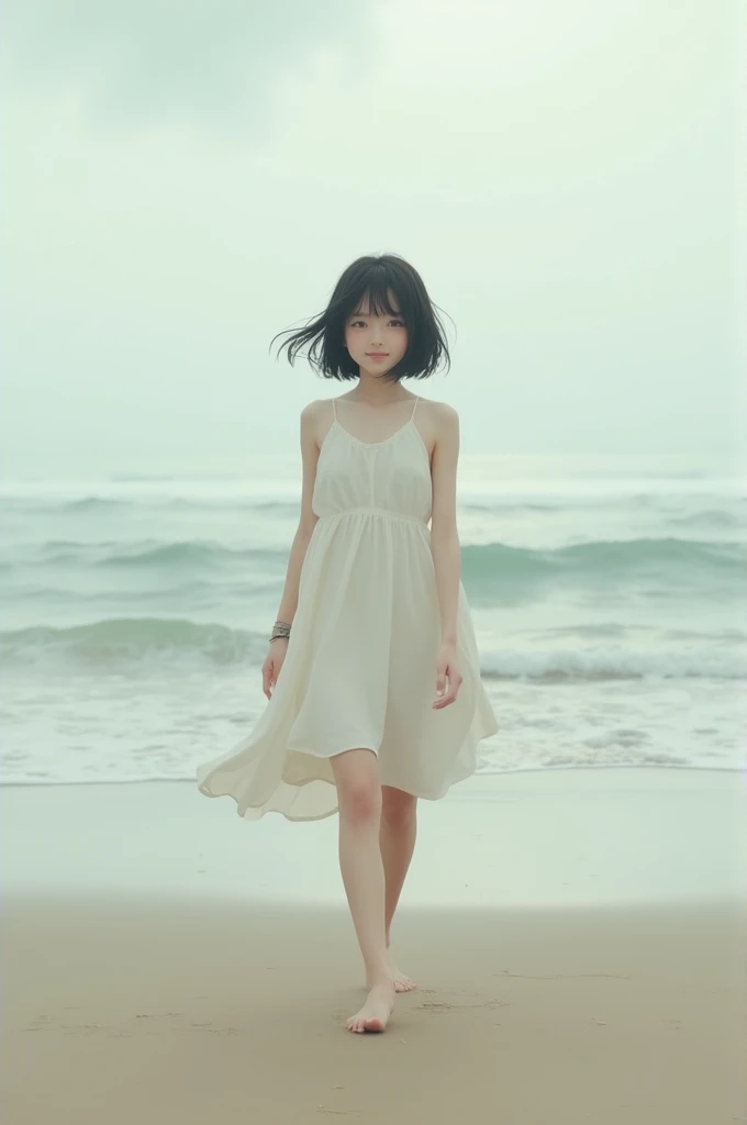 girl with short straight hair, wearing a short white dress and barefoot, and a shy smile, walking towards me on the beach where the weather is cloudy 