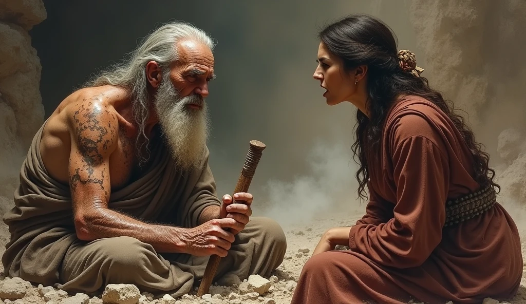 job sits in ashes with his sores exposed while he scratches himself with a valdosa, (person of ancient age), without tattoos, a woman addresses him with anger on her face