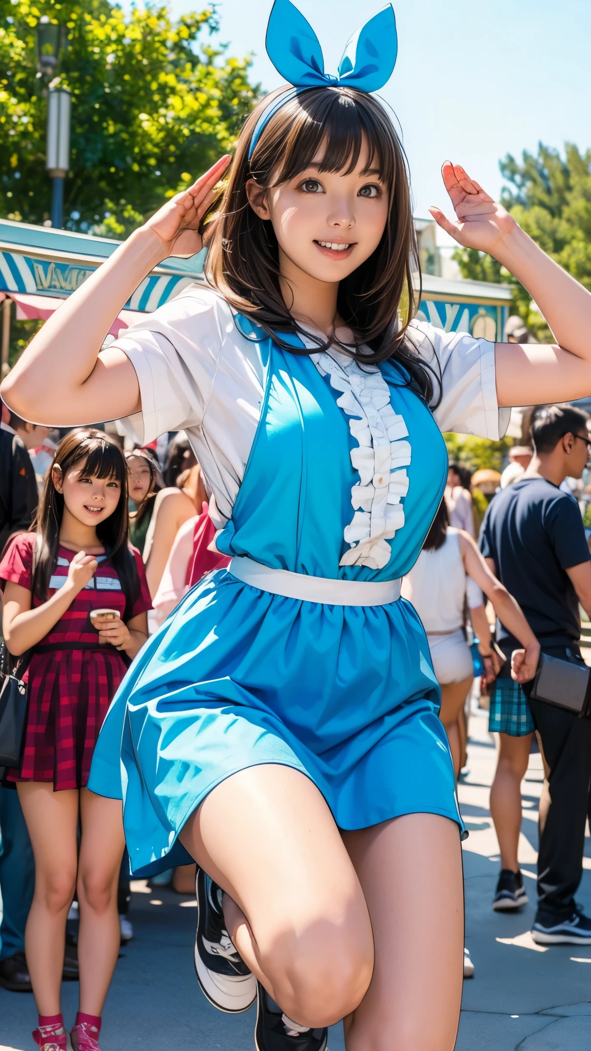 13 year old nerd girl、(Having a blast dressed up as Alice in Wonderland)、Droopy eyes:1.4、Big round eyes、Joy、Active pose、(Raise your arms and jump)、Very thin thighs、Very long legs、Filmed at Disneyland