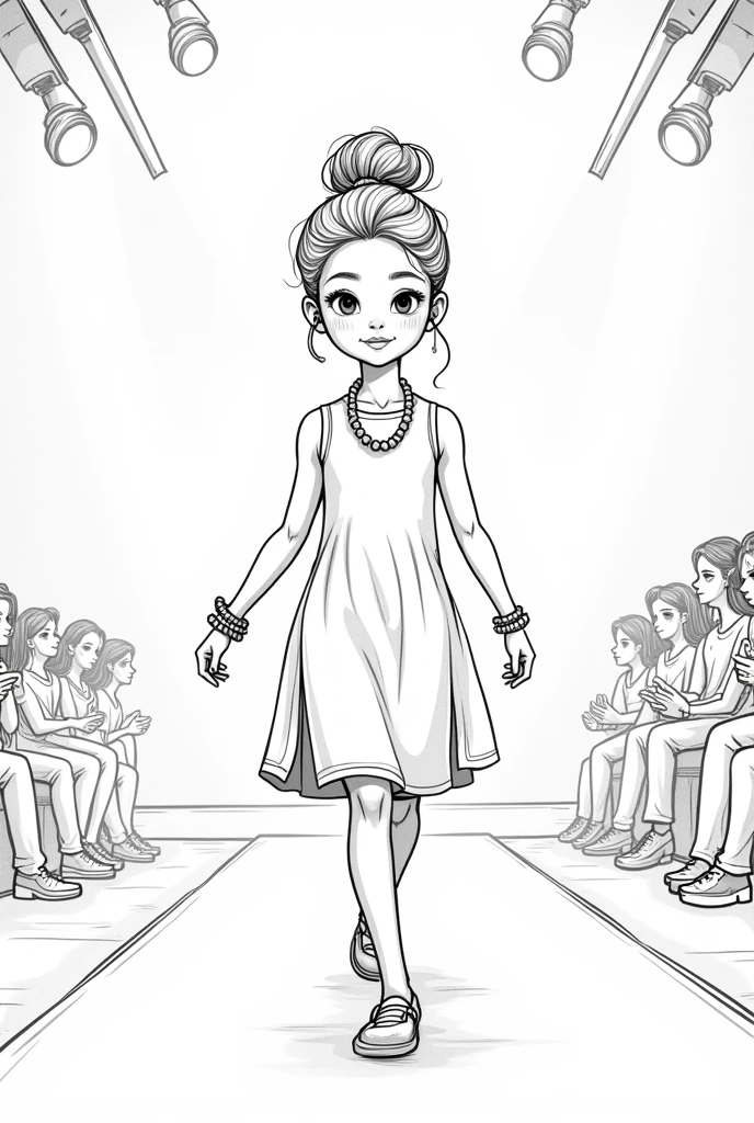 Create an illustration for a children&#39;s coloring book, which can be used in the Zara store. Leave the clothes and background without color., so that children can color them to their liking. A girl walks the catwalk at a fashion show. Her hair is pulled back into a bun on top of her head.. She is wearing a straight dress with side slits., without sleeves, Boat neckline. On the feet are sandals. There are bracelets on the arm, beads on the neck.
 The background may contain elements of the auditorium, spotlights.