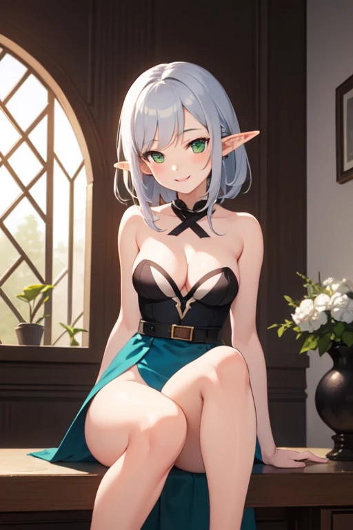 ((best quality)), ((masterpiece)), (detailed), 1girl, elf woman, small breasts, slender and , medium silver hair, green eyes, smiling, sidesweep bangs, beautiful legs, beautiful waist, using elf dress, bare shoulders, big cleavage