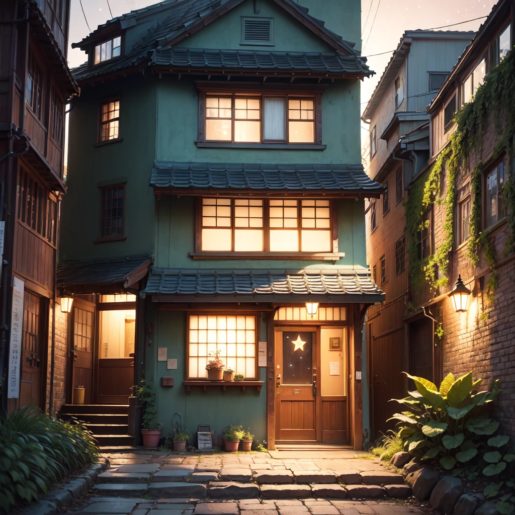 A picturesque street scene in a (quiet:1.3) Japanese town at (dusk:1.2), with a (vibrant:1.4) sky filled with (twinkling stars:1.3) and a (gradient sunset:1.2). On the left side, there's an (old:1.1) building with a (blue awning:1.2) and (illuminated:1.3) storefront signs, casting a (warm glow:1.4). The building features (detailed:1.3) textures with (visible wear and tear:1.2). Across from it, a (steep:1.2) set of (stone steps:1.2) leading up to more (quaint:1.2) buildings. The steps are lined with (overgrown plants:1.2) and (vintage:1.1) street lamps casting a (soft light:1.3). The scene is enhanced by (vivid colors:1.3) and (intricate details:1.2), creating an (atmospheric:1.4) and (nostalgic:1.3) feel. (No people:1.6) are present, maintaining a serene and (undisturbed:1.2) ambiance.