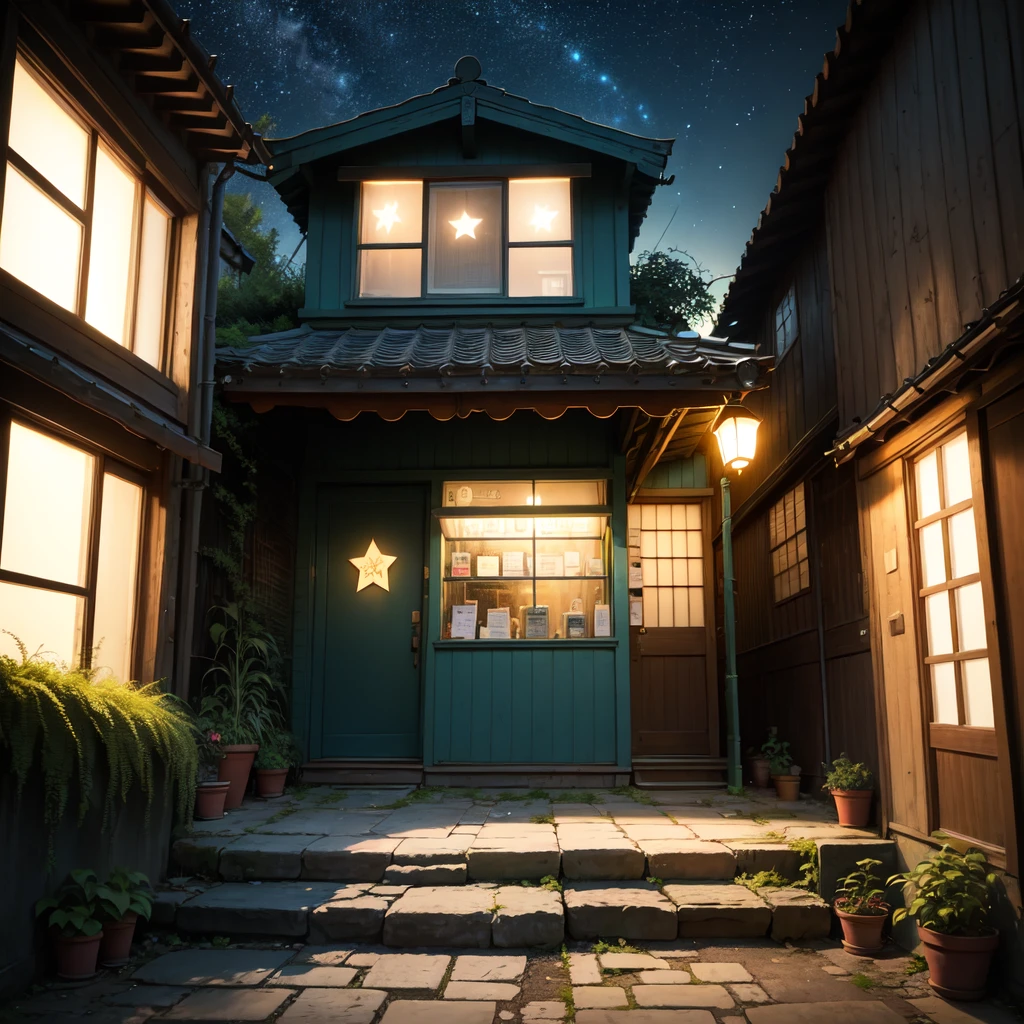 A picturesque street scene in a (quiet:1.3) Japanese town at (dusk:1.2), with a (vibrant:1.4) sky filled with (twinkling stars:1.3) and a (gradient sunset:1.2). On the left side, there's an (old:1.1) building with a (blue awning:1.2) and (illuminated:1.3) storefront signs, casting a (warm glow:1.4). The building features (detailed:1.3) textures with (visible wear and tear:1.2). Across from it, a (steep:1.2) set of (stone steps:1.2) leading up to more (quaint:1.2) buildings. The steps are lined with (overgrown plants:1.2) and (vintage:1.1) street lamps casting a (soft light:1.3). The scene is enhanced by (vivid colors:1.3) and (intricate details:1.2), creating an (atmospheric:1.4) and (nostalgic:1.3) feel. (No people:1.6) are present, maintaining a serene and (undisturbed:1.2) ambiance.