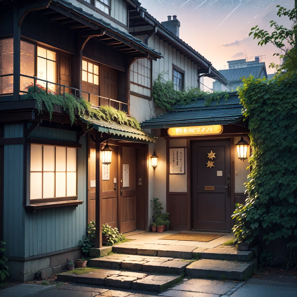 A picturesque street scene in a (quiet:1.3) Japanese town at (dusk:1.2), with a (vibrant:1.4) sky filled with (twinkling stars:1.3) and a (gradient sunset:1.2). On the left side, there's an (old:1.1) building with a (blue awning:1.2) and (illuminated:1.3) storefront signs, casting a (warm glow:1.4). The building features (detailed:1.3) textures with (visible wear and tear:1.2). Across from it, a (steep:1.2) set of (stone steps:1.2) leading up to more (quaint:1.2) buildings. The steps are lined with (overgrown plants:1.2) and (vintage:1.1) street lamps casting a (soft light:1.3). The scene is enhanced by (vivid colors:1.3) and (intricate details:1.2), creating an (atmospheric:1.4) and (nostalgic:1.3) feel. (No people:1.6) are present, maintaining a serene and (undisturbed:1.2) ambiance.