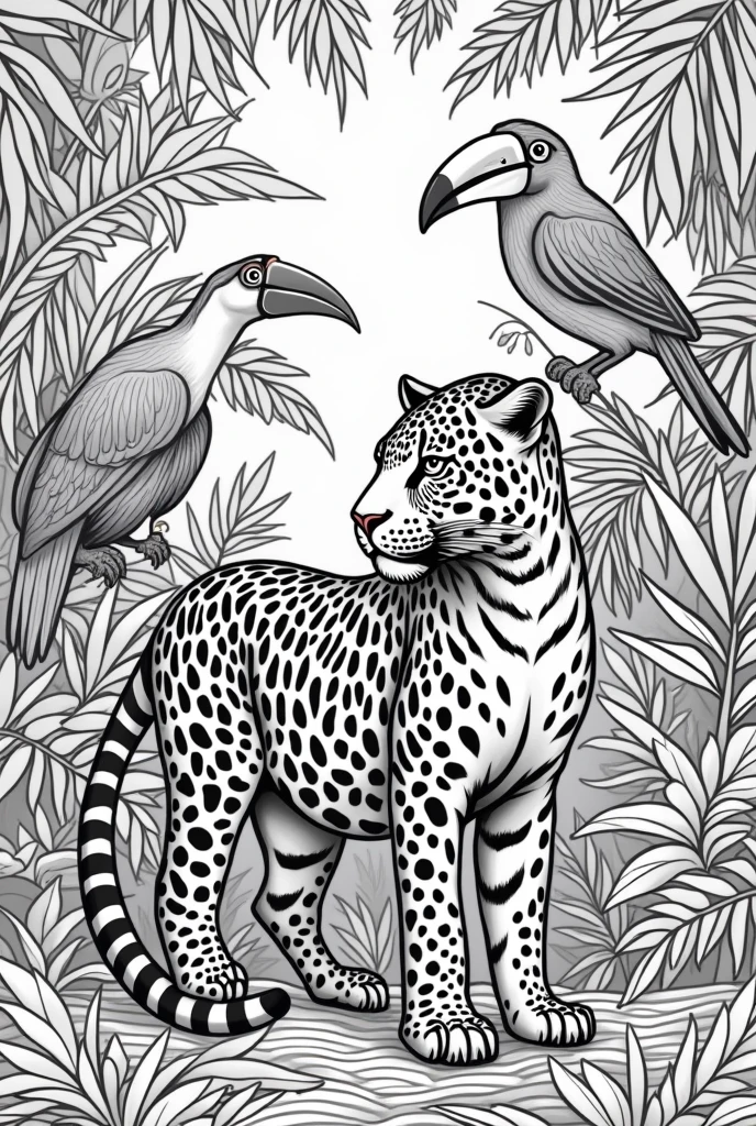 Generate a series of black and white illustrations suitable for coloring books, featuring animals from the Amazon rainforest. Each image must be highly detailed with clean, bold lines and must focus on several different Amazon animals.
