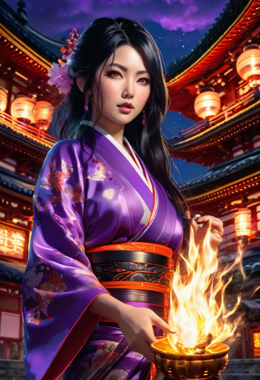 1 sexy girl, black hair, purple luminous eyes,((holding fire ofuda)),((ofudas emanating
energy)), ((ofudas emanating magic and fire)),((ofuda)),((holding ofuda)), ((ofudas)) , (hyper
detailed), (masterpiece, 8k,ultra detailed),(scene: night,pagoda, japanese temple)