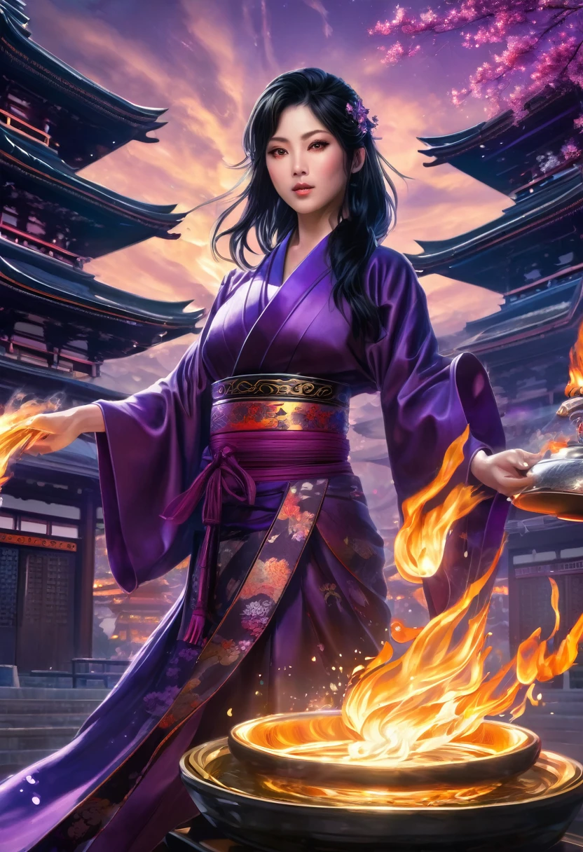 1 sexy girl, black hair, purple luminous eyes,((holding fire ofuda)),((ofudas emanating
energy)), ((ofudas emanating magic and fire)),((ofuda)),((holding ofuda)), ((ofudas)) , (hyper
detailed), (masterpiece, 8k,ultra detailed),(scene: night,pagoda, japanese temple)