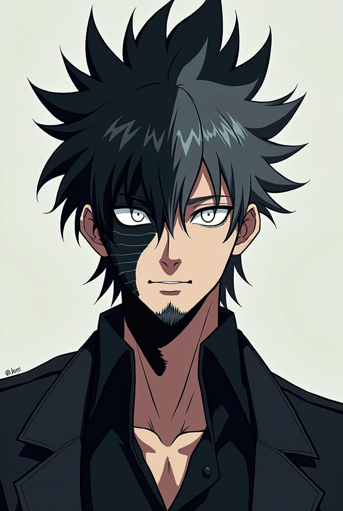 male character, spiky hair up, black with gray highlights. little beard, left side of the disfigured face. totally white eyes. Character defined. anime dash