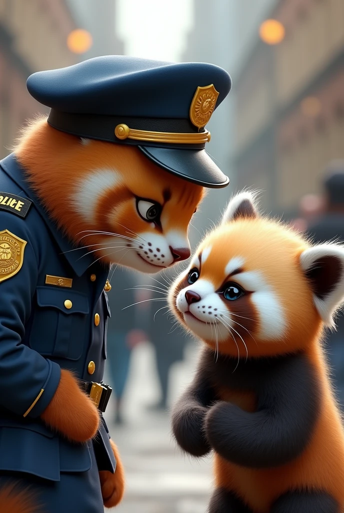 Suddenly the police cat saw the little panda crying with tears and runny nose and asked