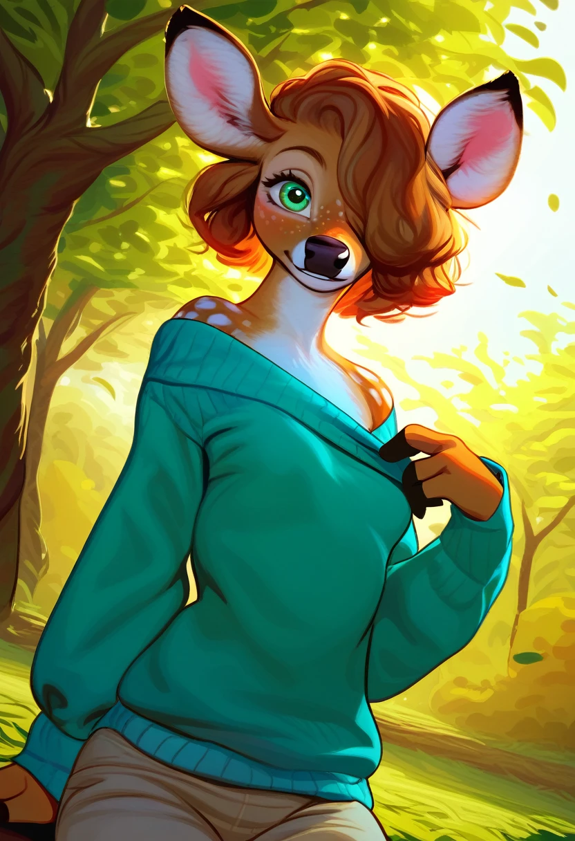 Solo, 1girl, female, adult, lotte, deer girl, furry female, body fur, animal nose, snout, animal ears, green eyes, brown hair, short hair, freckles, cute face, perfect anatomy, detailed skin, detailed eyes, perfect hands, perfect face, small breast, hair over one eye, BREAK sweater, long sleeves, off-shoulder shirt, pants, BREAK outdoors, park, colorful, sunset, looking at viewer, dutch angle, BREAK ((ultra-detailed)), ((best quality)), ((best quality)), ((beautiful eyes)), ((extremely detailed)), 4K, (8K), best quality, (beautiful), Master piece, highres, score_9, score_8_up, score_7_up, colorful, best quality, official art, highres, masterpiece, nai3, god light, detailed background, high quality background, very aesthetic, absurdres,