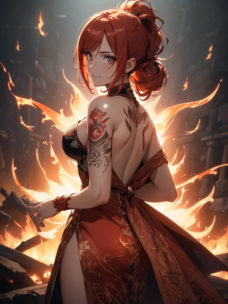 (((best quality, sharp image, clear image, cinematic lighting, 8k resolution, masterpiece, ultra detailed, intricate))) Girl, (((looking over left shoulder))), (shot from behind), fire mage, ((intricate background)), ((chaotic background)), red hair, smiling, ((flame runes, flame sigils)), (tatoo on back), slim figure, flying sigils, long dress