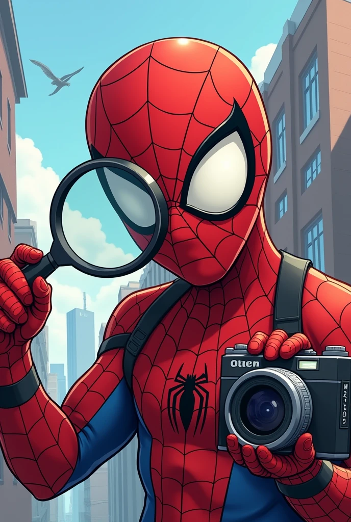 Spider man with magnifying glass looking camera funny