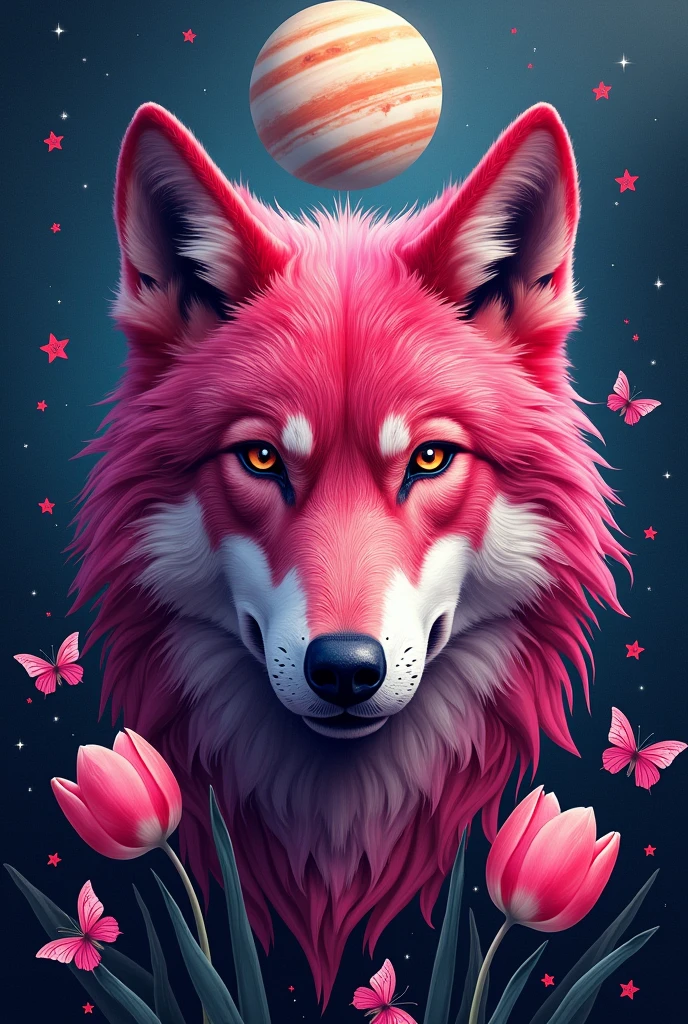 An image of a wolf whose face is made up of tulips, the fuchsia color that predominates, have butterflies, stars and the planet Jupiter Let it be an abstract image on the face formed
