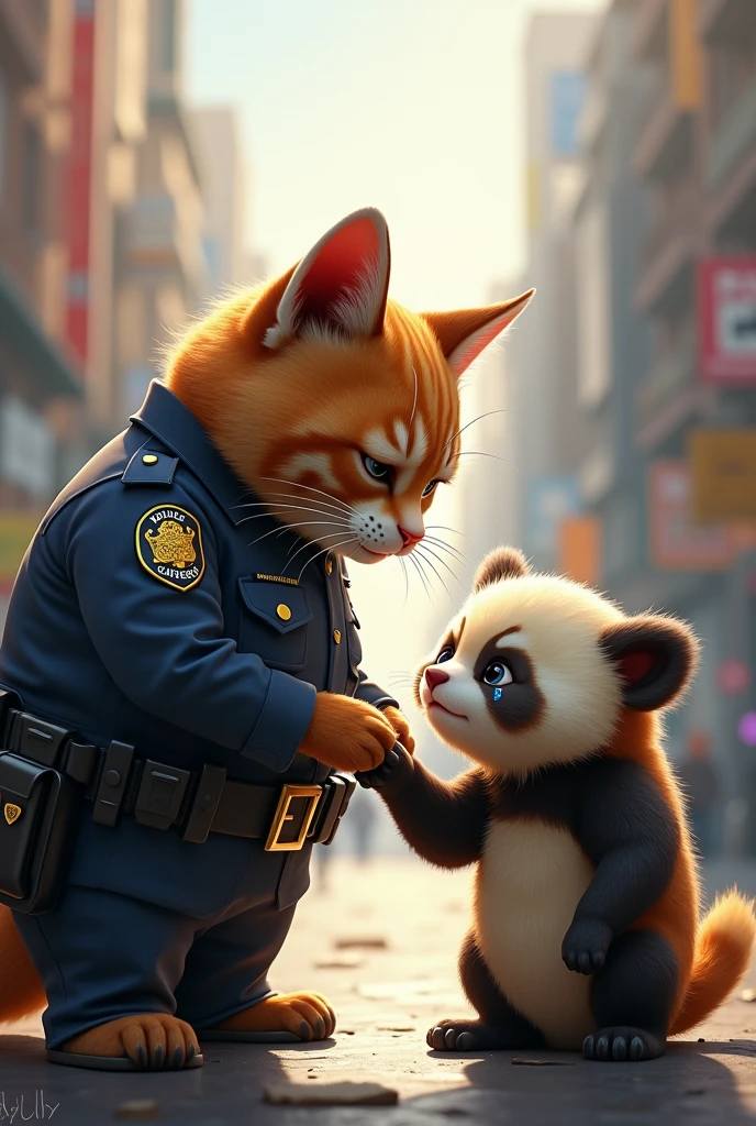 Suddenly the police cat saw the little panda crying and asked