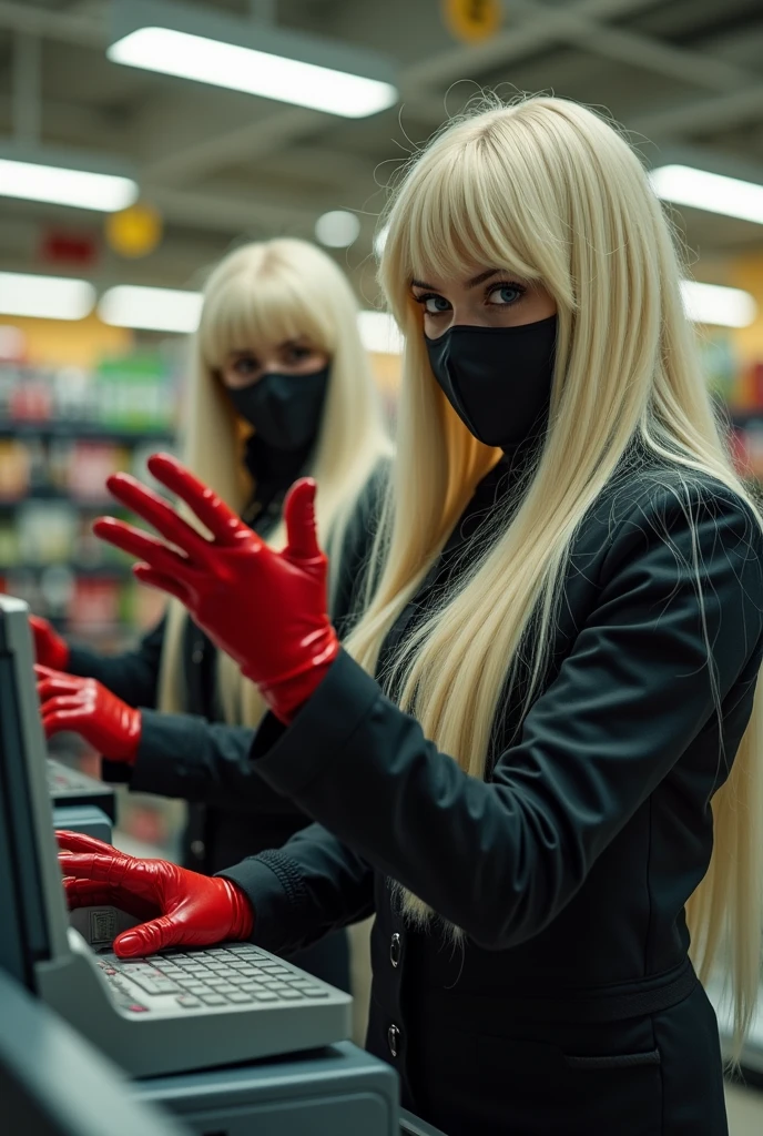 2 women wearing long blonde hair wigs with masks and wearing red leather gloves who hold up a supermarket to empty the cash register