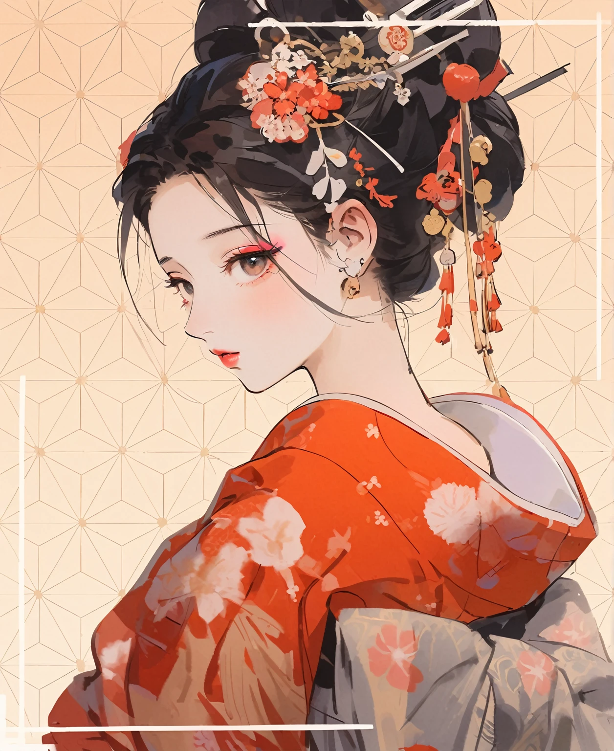 (((girl))), (((seiza))), (((whole body))), (((Flashy makeup))), (((Japanese style headphones))), (((Japanese pattern hoodie))), (((Wear a hood))), Japanese beautiful girl, Black Hair, Bob, Delicate and precise, Modern ukiyo-e style,Japan, Japanese flag, Bright colors