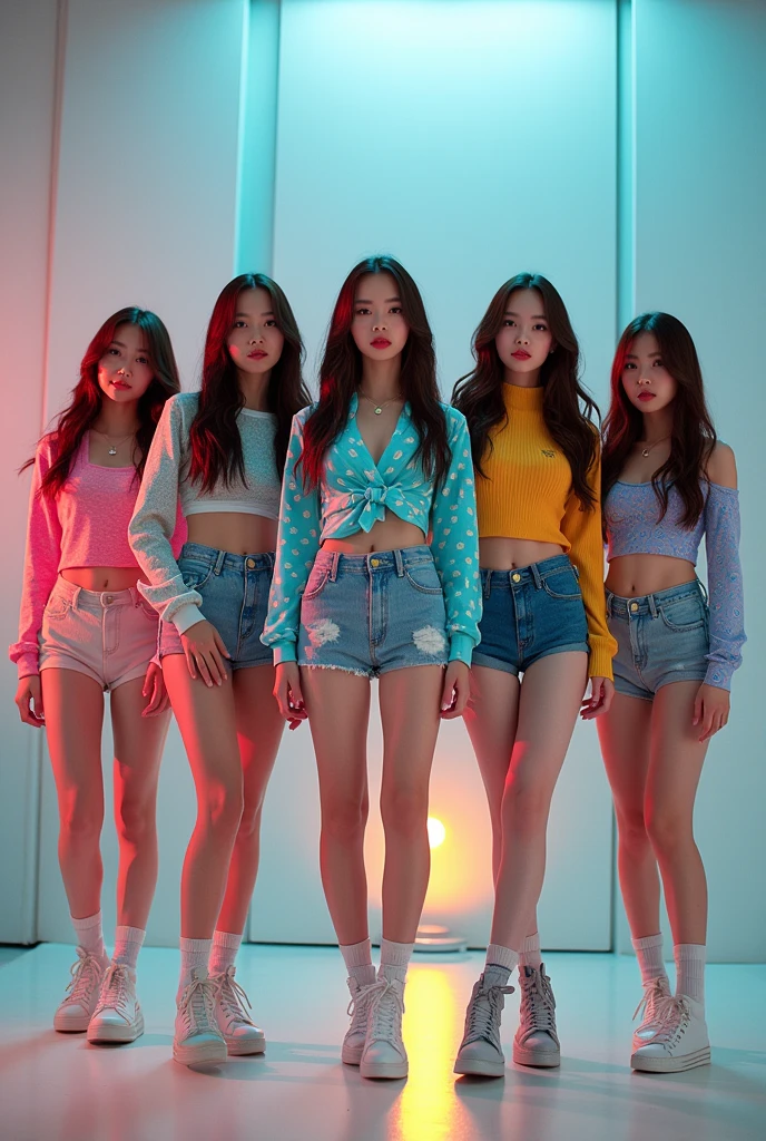 I'm taking photos for a new concept album. Create girl group concept photos with eye-catching giant colorful dice
