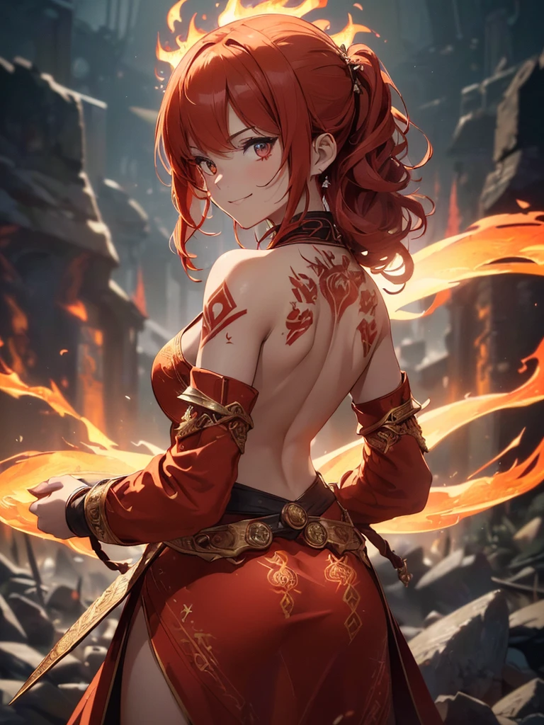 (((best quality, sharp image, clear image, cinematic lighting, 8k resolution, masterpiece, ultra detailed, intricate))) Girl, (((looking over left shoulder))), (shot from behind), fire mage, ((intricate background)), ((chaotic background)), red hair, smiling, ((flame runes, flame sigils)), (tatoo on back), slim figure, flying sigils, long dress