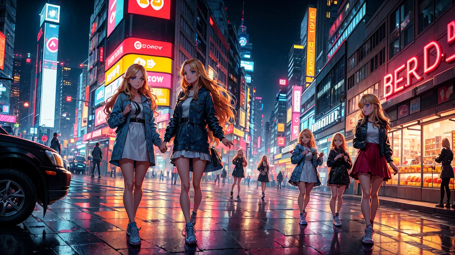 in a bustling, modern city with towering skyscrapers, neon signs, and busy streets, two blonde twin girls meet each other. both girls are around , with long, wavy blonde hair and bright blue eyes. they are wearing matching outfits: denim jackets, white dresses, and red sneakers. the cityscape is vibrant and detailed, with reflections of lights on the wet pavement, pedestrians walking by, and cars passing. the girls are standing on a busy street corner, looking at each other with big smiles, as if they’ve just reunited. the background includes a mix of architectural styles, with some older buildings nestled between modern glass towers, and street vendors selling colorful goods nearby.