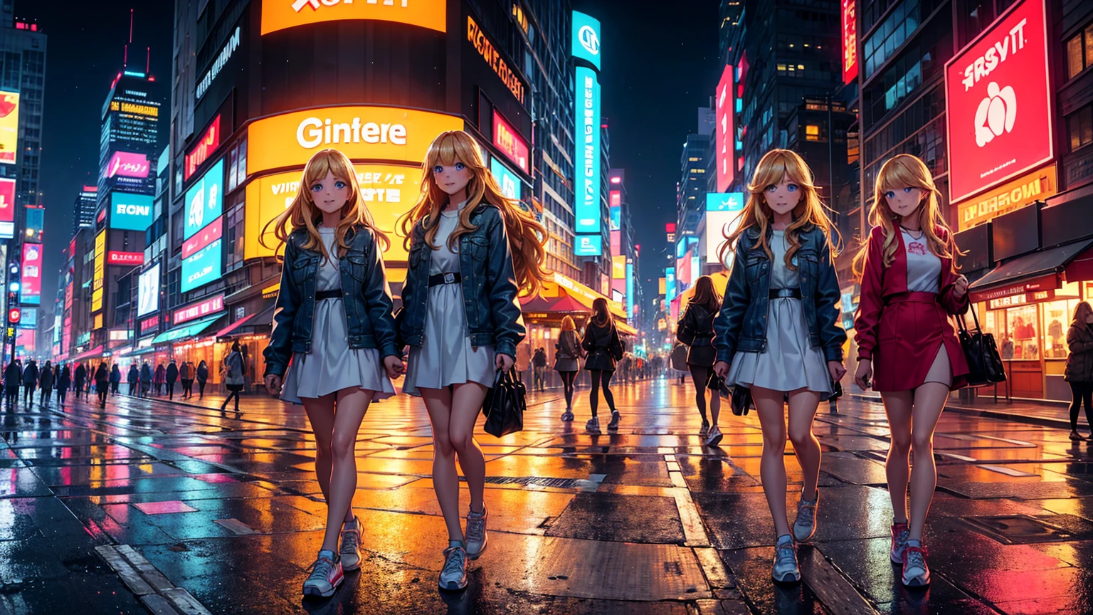 in a bustling, modern city with towering skyscrapers, neon signs, and busy streets, two blonde twin girls meet each other. both girls are around , with long, wavy blonde hair and bright blue eyes. they are wearing matching outfits: denim jackets, white dresses, and red sneakers. the cityscape is vibrant and detailed, with reflections of lights on the wet pavement, pedestrians walking by, and cars passing. the girls are standing on a busy street corner, looking at each other with big smiles, as if they’ve just reunited. the background includes a mix of architectural styles, with some older buildings nestled between modern glass towers, and street vendors selling colorful goods nearby.