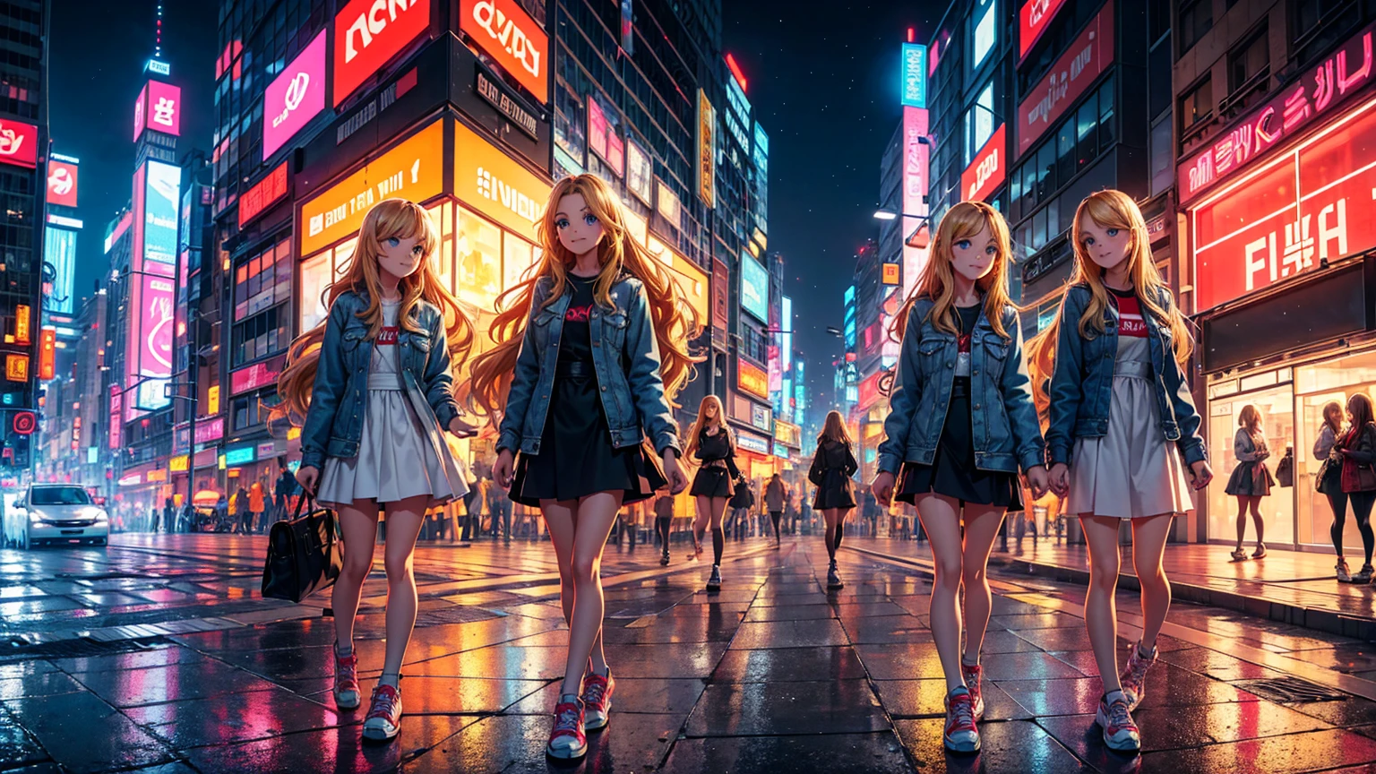 in a bustling, modern city with towering skyscrapers, neon signs, and busy streets, two blonde twin girls meet each other. both girls are around , with long, wavy blonde hair and bright blue eyes. they are wearing matching outfits: denim jackets, white dresses, and red sneakers. the cityscape is vibrant and detailed, with reflections of lights on the wet pavement, pedestrians walking by, and cars passing. the girls are standing on a busy street corner, looking at each other with big smiles, as if they’ve just reunited. the background includes a mix of architectural styles, with some older buildings nestled between modern glass towers, and street vendors selling colorful goods nearby.