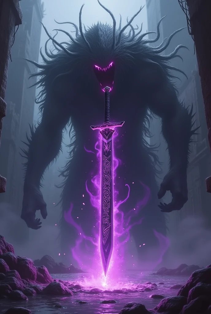 A demonic katana with a purple Aura and a monster behind it was about to eat it. 
