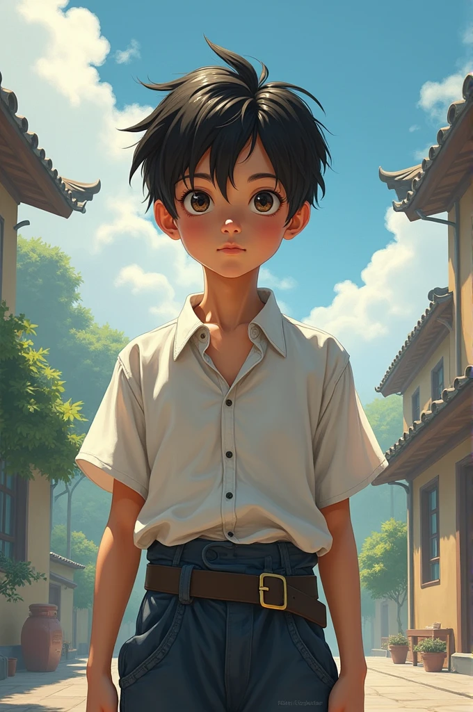 A boy with,His face was full of sadness,largeeyes,adolable,Sitting on the roof watching the sunset,Soft lighting,in style of ghibli