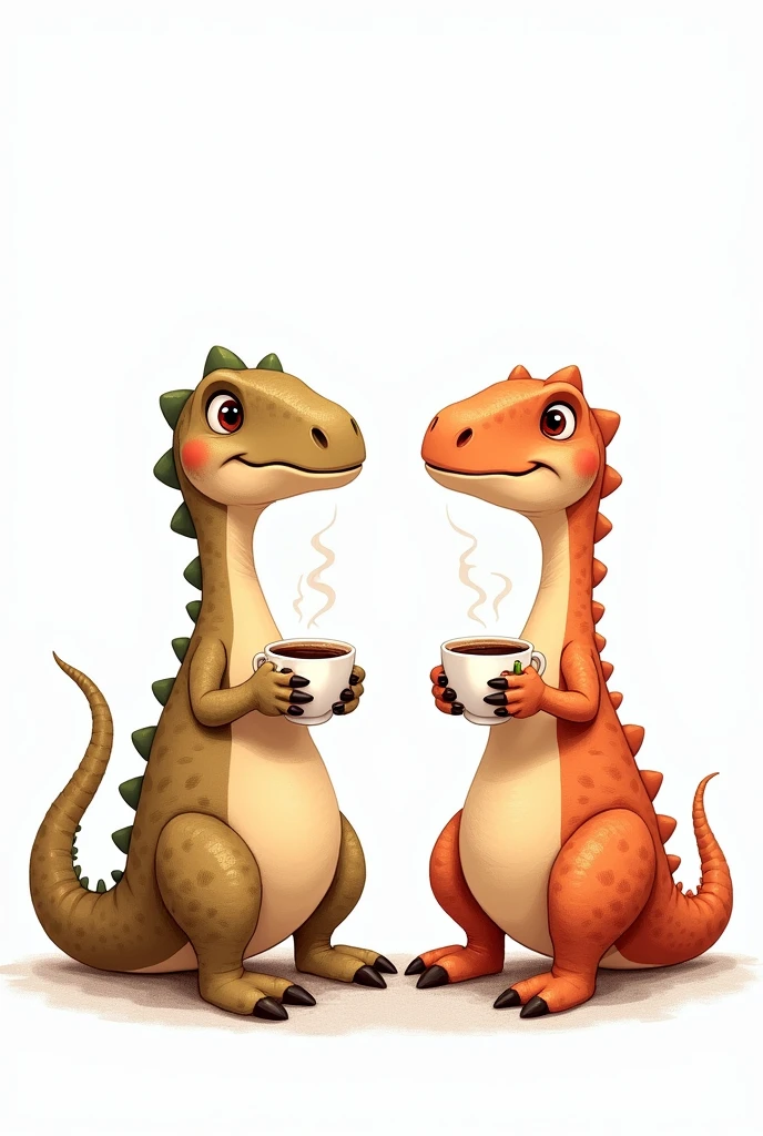 A drawing with two female dinosaurs talking and drinking coffee without cutting out the dinosaurs and with a white background
