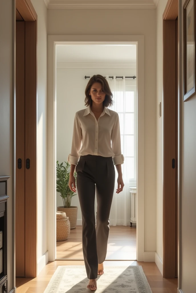 Claire, a brunette woman in her 30s, enters a modern house. She is wearing work clothes (shirt, pants) and looks tired. The hallway is bright with light-colored walls, a subtle rug, and elegant decor. Claire is walking slowly with an exhausted expression."