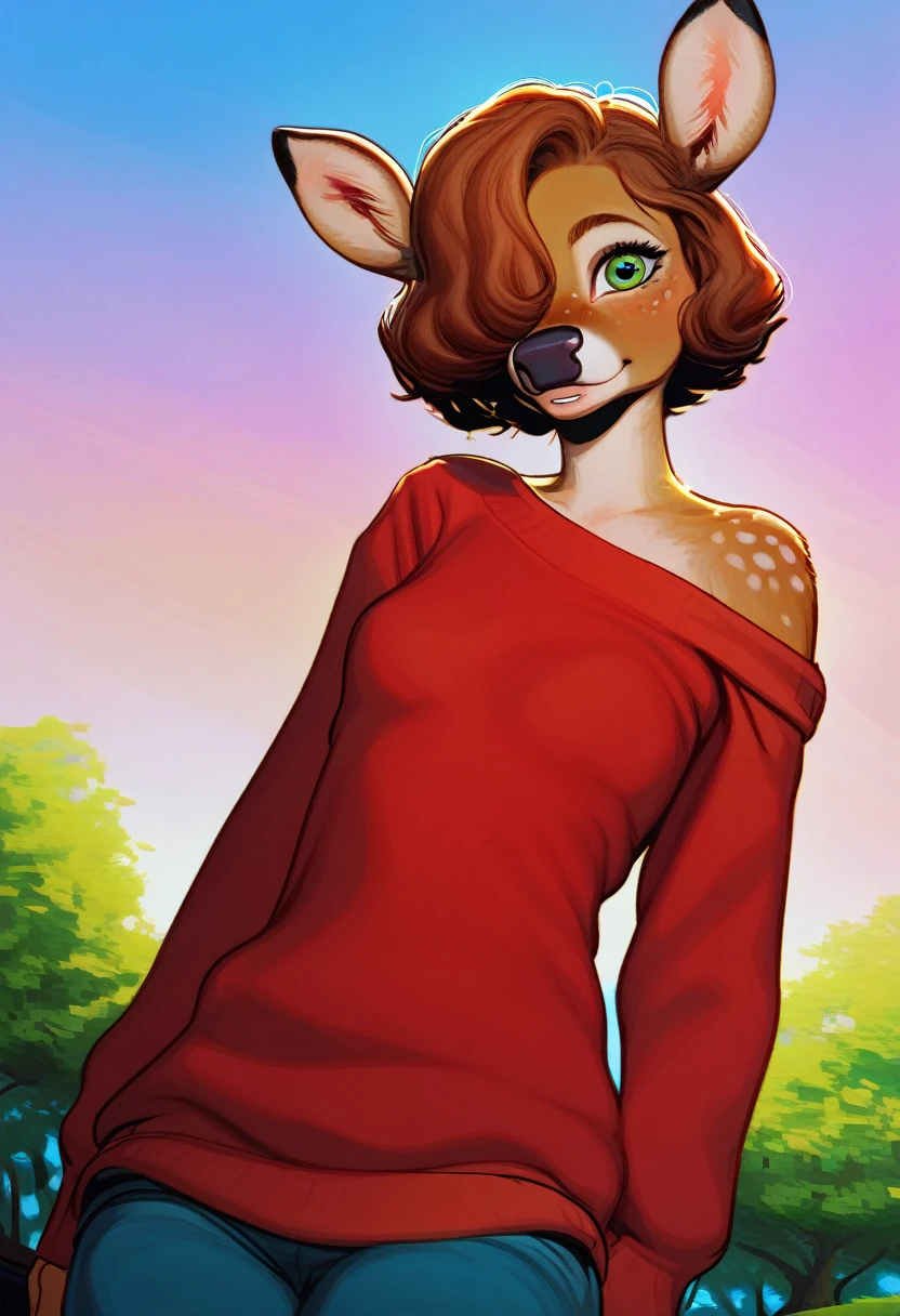 Solo, 1girl, female, adult, lotte, deer girl, furry female, body fur, animal nose, snout, animal ears, green eyes, brown hair, short hair, freckles, cute face, perfect anatomy, detailed skin, detailed eyes, perfect hands, perfect face, small breast, hair over one eye, BREAK sweater, long sleeves, off-shoulder shirt, pants, BREAK outdoors, park, colorful, sunset, looking at viewer, dutch angle, BREAK ((ultra-detailed)), ((best quality)), ((best quality)), ((beautiful eyes)), ((extremely detailed)), 4K, (8K), best quality, (beautiful), Master piece, highres, score_9, score_8_up, score_7_up, colorful, best quality, official art, highres, masterpiece, nai3, god light, detailed background, high quality background, very aesthetic, absurdres, 