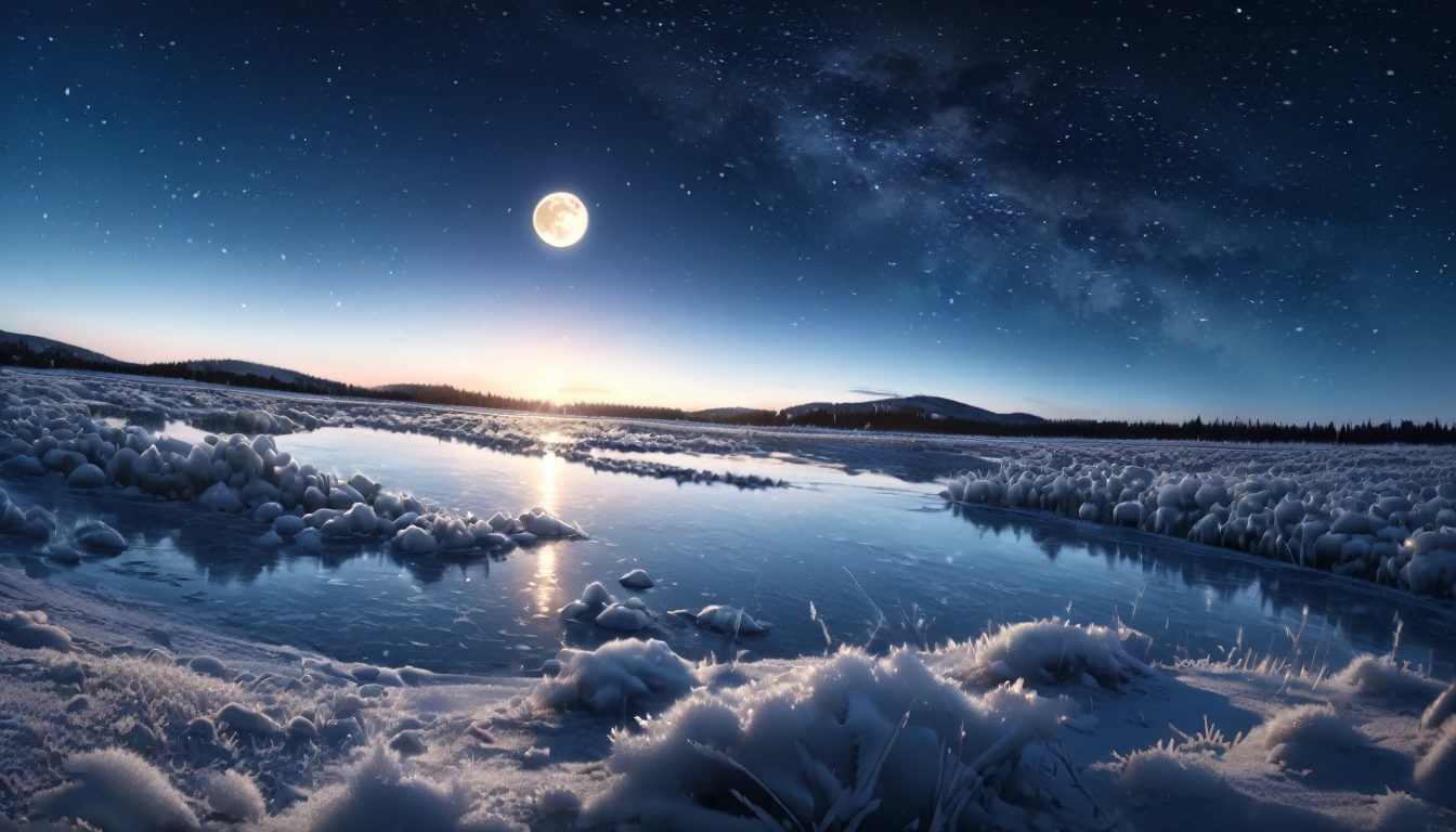 frozen lake lake, night, stars in the sky, moon, severe frost, frost, snowing, 4k, high resolution, high detail, random angle, hyperrealism, 300mm, f/10.0,1/1600ms, HDR