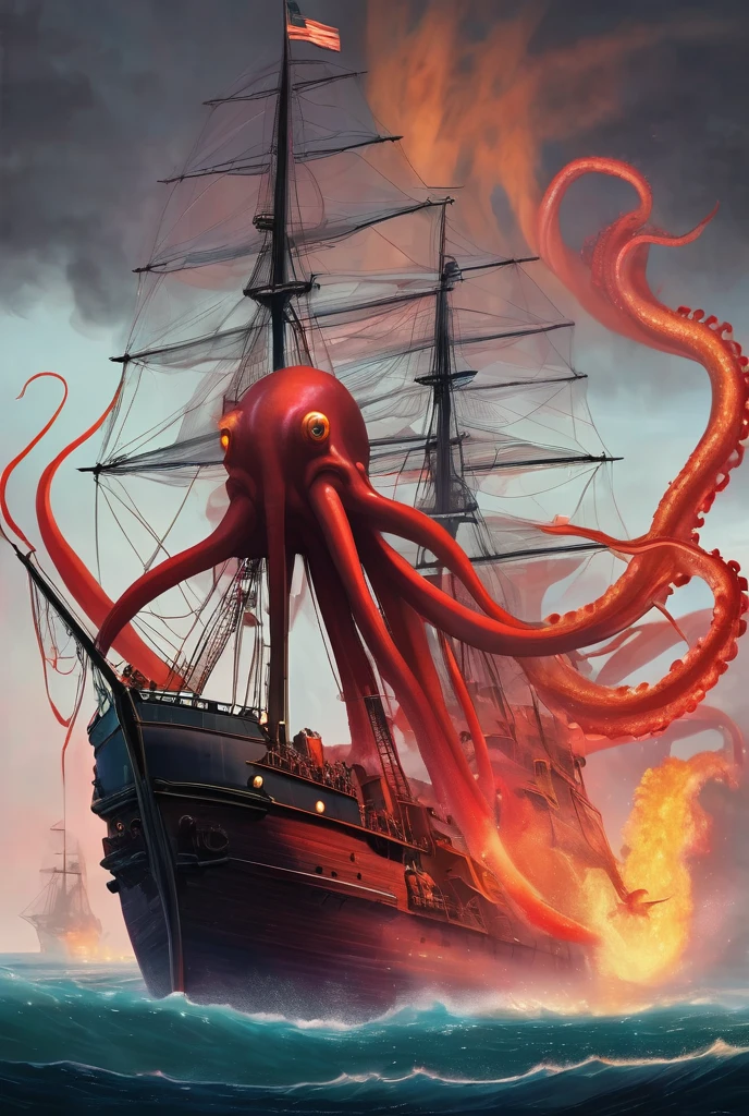 a giant red squid that is in the sea pulling a ship to the bottom of the ocean, while other ships burn and flee close to her