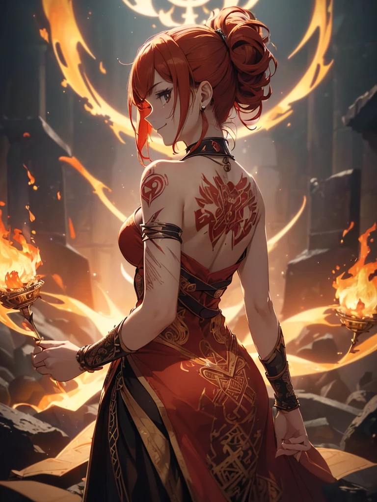 (((best quality, sharp image, clear image, cinematic lighting, 8k resolution, masterpiece, ultra detailed, intricate))) Girl, (((looking over left shoulder))), (shot from behind), fire mage, ((intricate background)), ((chaotic background)), red hair, smiling, ((flame runes, flame sigils)), (tatoo on back), slim figure, flying sigils, long dress